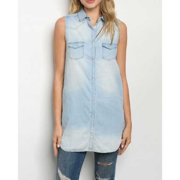 1 LEFT | Denim Buttondown Sleeveless Top - Picture 1 of 2